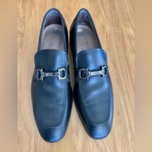 Salvatore Ferragamo Black Leather Loafers with Silver Buckle